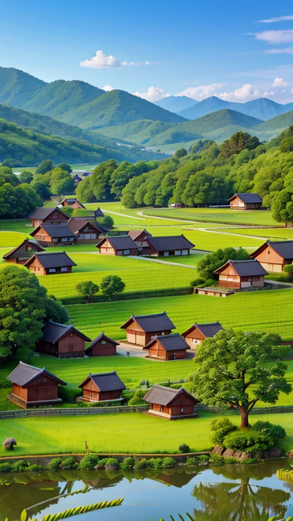 Sunrise countryside view of Japan, paddy fields,small streams, traditional Japanese houses, blue sky, hills, trees, landscape, nature view