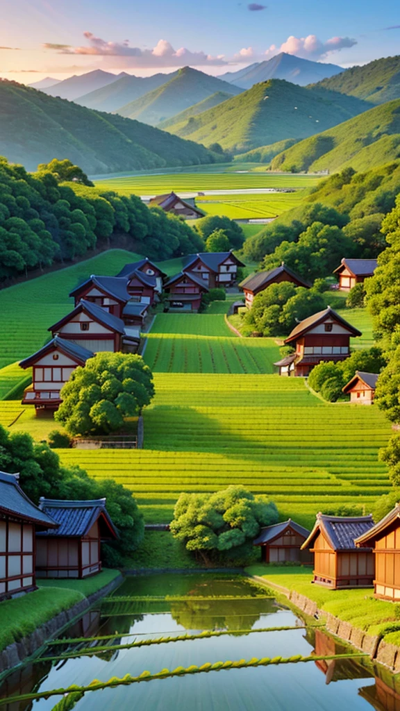 Sunrise countryside view of Japan, paddy fields,small streams, traditional Japanese houses, blue sky, hills, trees, landscape, nature view 