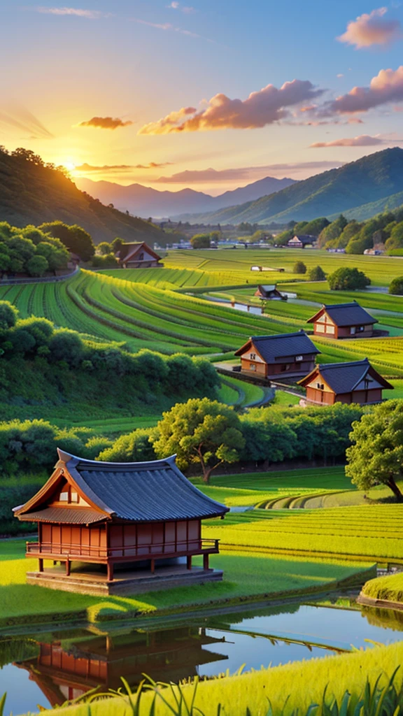 Sunrise countryside view of Japan, paddy fields,small streams, traditional Japanese houses, blue sky, hills, trees, landscape, nature view 