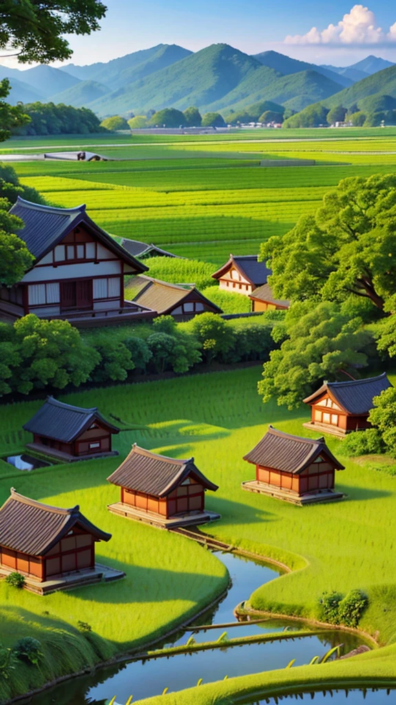 Sunrise countryside view of Japan, paddy fields,small streams, traditional Japanese houses, blue sky, hills, trees, landscape, nature view