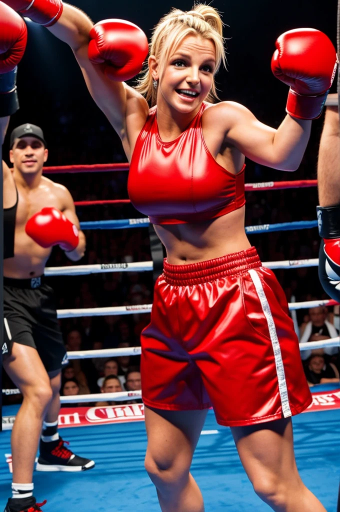 Britney Spears beautiful, smiling, boxing in and big red boxing gloves