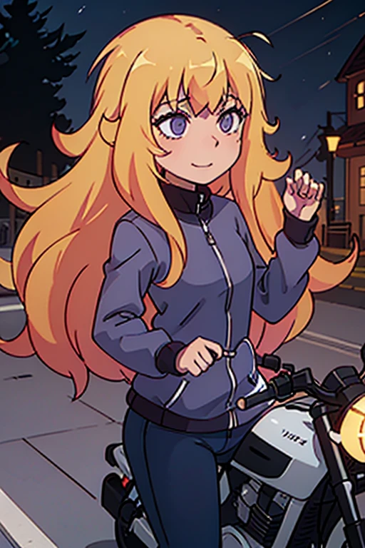 ultra-detailed,masterpiece,best quality,1girl,Gabriel White Tenma, Indigo eyes, long blonde hair , night,evil smile,driving bike,high speed,city street light ,riding vehicle,red rider suit,serow250, motorcycle, shadow, logo,head wind