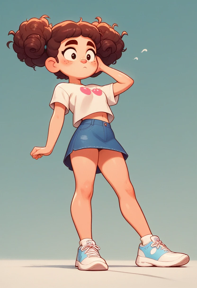 masterpiece,best quality,Cute doodles,, Honors Students, 10 years old,Low length,,curls, twin-tail hair,Energetic, Curious eyes,freckle,Thick eyebrows,Cropped T-shirt,Short denim mini skirt,open fly,Sunny day in rainy season,Lots of hydrangeas,sports shoes, Scent like flowers, Play with cats,