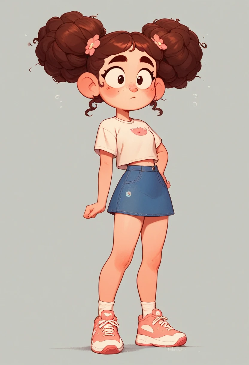 masterpiece,best quality,Cute doodles,, Honors Students, ,Low length,,curls, twin-tail hair,Energetic, Curious eyes,freckle,Thick eyebrows,Cropped T-shirt,Short denim mini skirt,open fly,Sunny day in rainy season,Lots of hydrangeas,sports shoes, Scent like flowers, Play with cats,