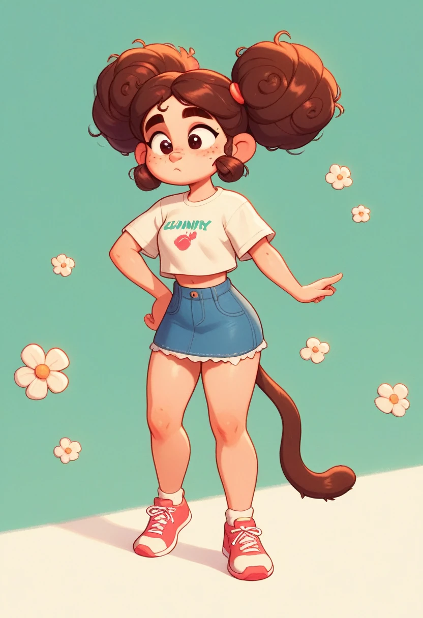 masterpiece,best quality,Cute doodles,, Honors Students, 10 years old,Low length,,curls, twin-tail hair,Energetic, Curious eyes,freckle,Thick eyebrows,Cropped T-shirt,Short denim mini skirt,open fly,Sunny day in rainy season,Lots of hydrangeas,sports shoes, Scent like flowers, Play with cats,