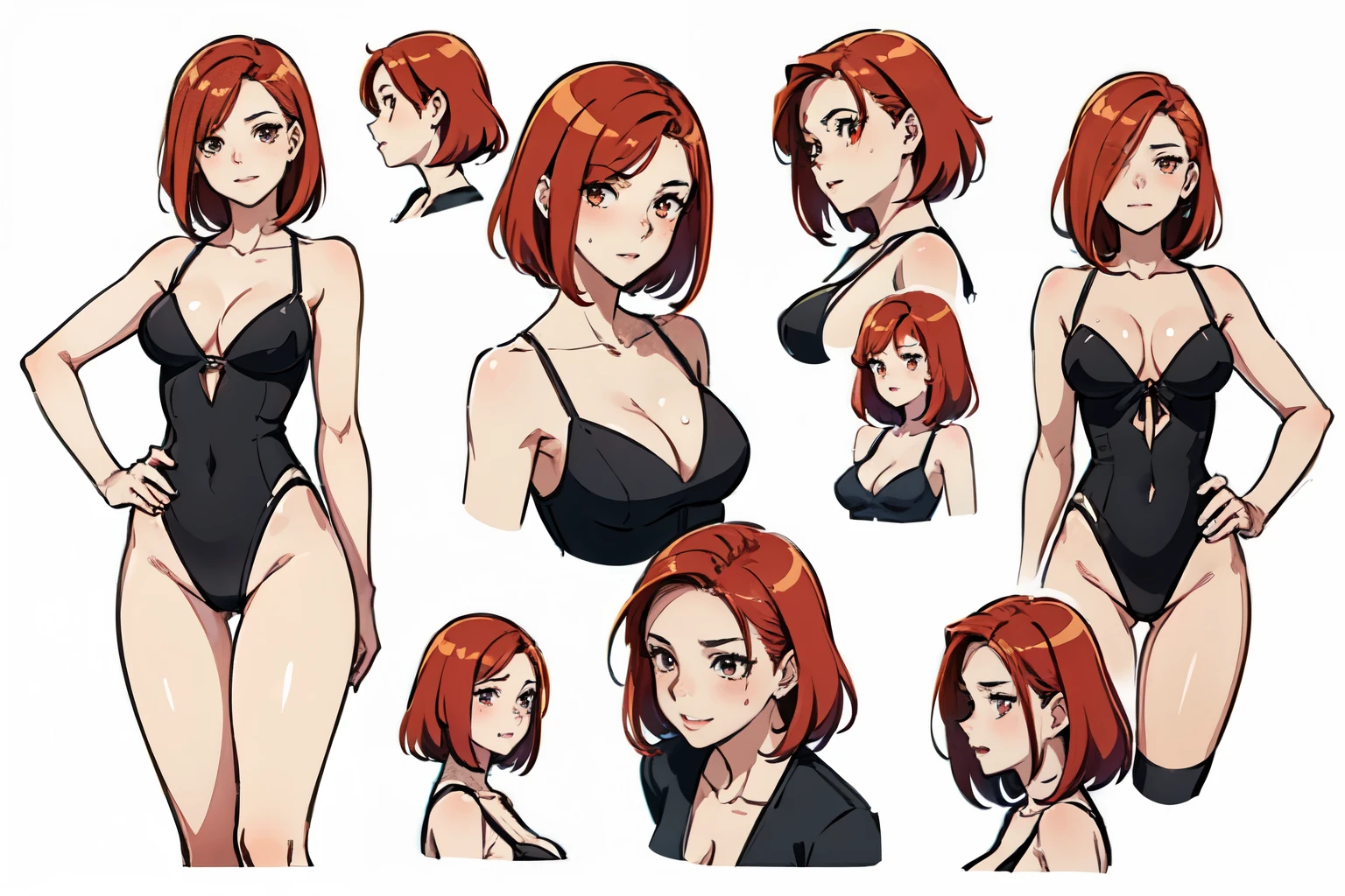 Highest quality,anime style, Detailed face, Character Sheet,(((young woman:1.5))), ((whole body:1.2)), Full of details, multiple postures and expressions, Very detailed, depth, ung woman, (masterpiece), 8KHighest quality, Expressive eyes, Perfect Face, High resolution, 1 Girl, alone,Character design sheet, (Redhead:1.5) (Female Body:1.3),smile, Medium Hair, (Orange eyes), (Female Body:1.3), clavicle, naked, Without clothes, Slender figure,Cleavage,seiza,Sitting pose, Blushed,Sweaty, glistening skin,Looking at the audience,(White background),Plain white background,