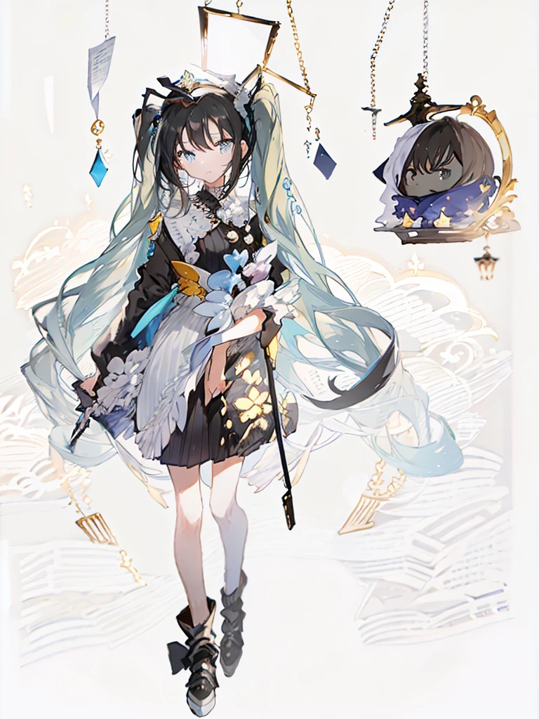 A girl,(Standing picture),(whole body),Character Design,Long hair,Fashion Design,Complex headdress,Complex clothes,cute,Everyday wear,Black hair