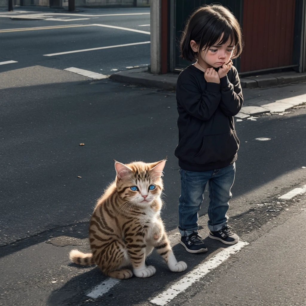 Little sad and depressed kitten, crying with tears in your eyes, it is in the middle of the street in a state of abandonment, sad and depressed look without hope, image showing loneliness and helplessness and very moving