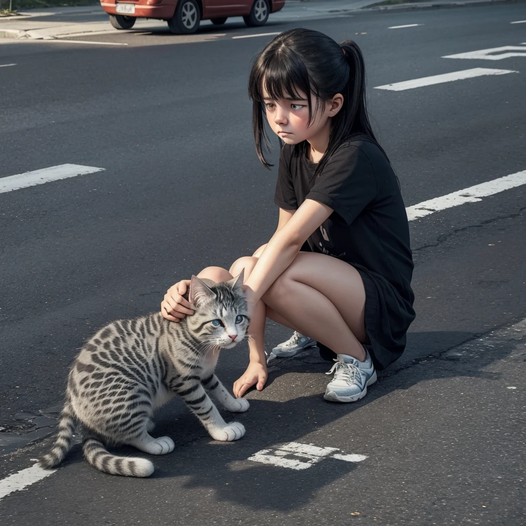 Little sad and depressed kitten, crying with tears in your eyes, it is in the middle of the street in a state of abandonment, sad and depressed look without hope, image showing loneliness and helplessness and very moving
