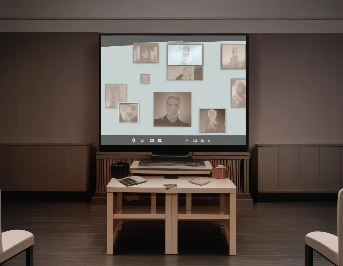 there is a The Big Picture in the middle of a room with chairs, masterpiece work of art, Projection Design Installation, gallery setting, large format image, Wall Digital Screen, masterpiece, Big video wall, movie, The Big Picture, Hyperrealism 8K, Hyperrealism 8 K, photo of the cinema screen, Widescreen Format, video art, Indoor Settings
