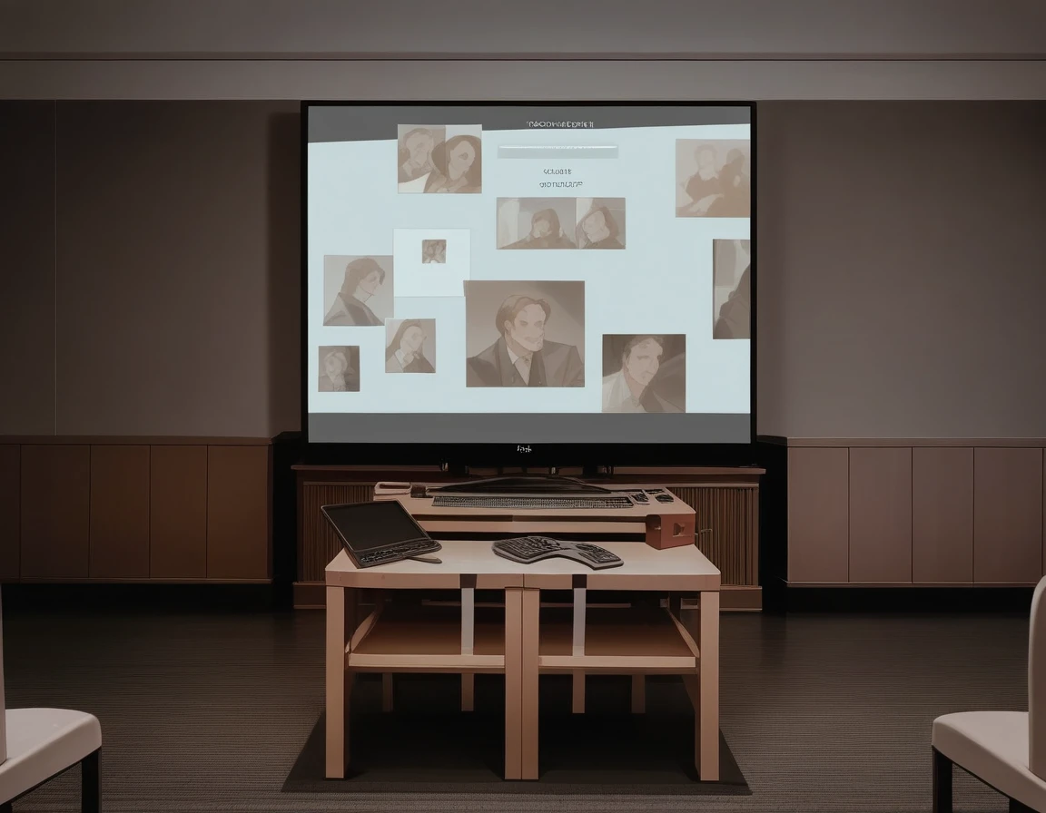 there is a The Big Picture in the middle of a room with chairs, masterpiece work of art, Projection Design Installation, gallery setting, large format image, Wall Digital Screen, masterpiece, Big video wall, movie, The Big Picture, Hyperrealism 8K, Hyperrealism 8 K, photo of the cinema screen, Widescreen Format, video art, Indoor Settings