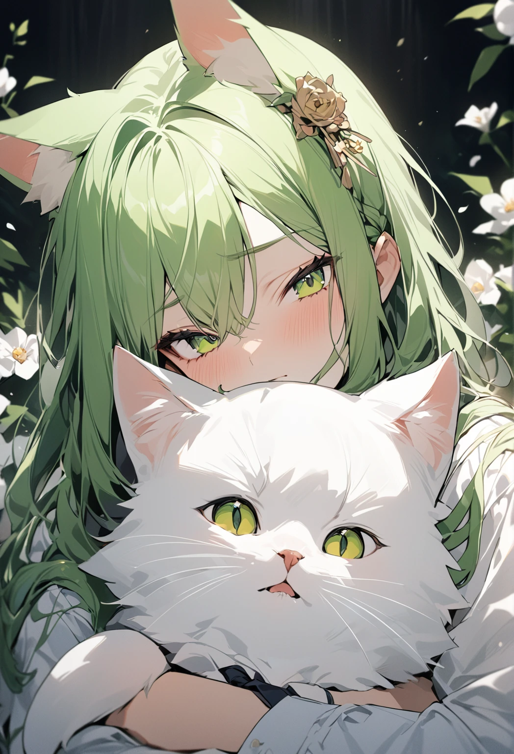 (( straight face picture )) ((best quality)), ((Masterpiece)), (details), Young woman ,cat ears ,green hair ,Tie two strands , Cuddle a cat ,Japanese ,Yeam ,Look straight. , Flower Background