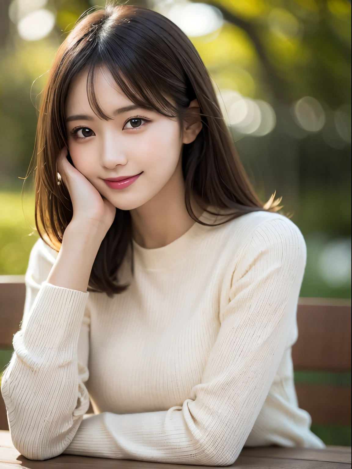 On the table, Highest quality, realism, Fine details, High resolution, 8k wallpaper, Perfect dynamic composition, Beautiful and delicate eyes, Medium Straight Hair, Casual and sexy pose,Random Situation、Light black tight knit sweater、(Beautiful breasts overflowing 1.3)、Bright smile、Bokeh、nature、Age 25、(Droopy Eyes 1.3)、Adult Beauty、Japanese