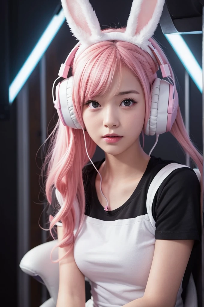 A young pretty woman with pink hair playing a game wearing headphones with white bunny ears in a dark room
