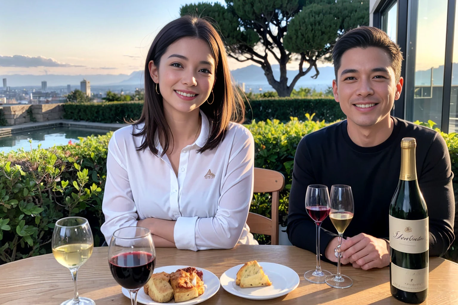 ((Highest quality、、masterpiece:1.3))、1 male 1 female、48 years old 44 years old、Slim Beauty、beautiful couple、smile、 (Slim face), (the body is スリム), (Brown Hair), (Shortcuts), テーブルのフルコースディナーとwine glass、Amazing view of the sunset sky and clouds、smileの美しさ、Wine bottle、sparkling wine、Long sleeve shirt、dress、White wine, red wine, wine glass,