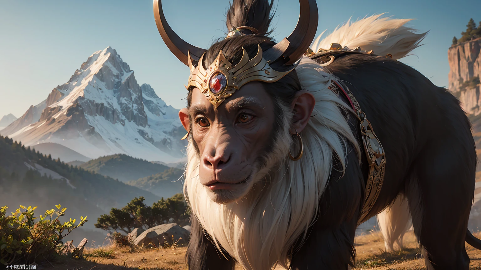3D, Journey to the West, Chinese, Monkey King, High Detailed face,Body, Cenimatic Lighting, Colourful Mountain Background,4k Resolution,Shoot by Sony Best Zoom Camera,128 magapixal,