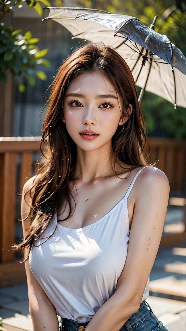 Great style、Long Hair、Curly Hair、20Generation of women、Big Breasts、rain、Get wet、camisole