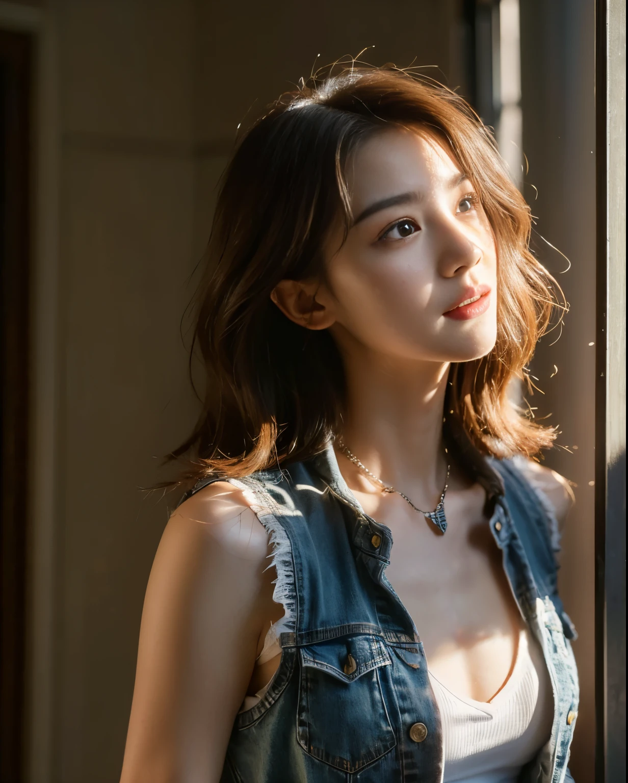 ((Medium chest, Long hair, Small head)), sunlight, Sunlight, (Chiseled abdominal muscles: 1.1), (Perfect body: 1.1), (Short Wavy Hair: 1.2), Auburn hair, collar, chain, full-body shot, Dilapidated streets, Wearing a black vest, denim jacket, ((Extremely detailed的 CG 8k 壁纸), (Extremely refined), (masterpiece), (best quality: 1.0), (Super Resolution: 1.0), Beautiful Lights, Perfect Lightning, Realistic shadows, [high resolution], Delicate skin, Extremely detailed