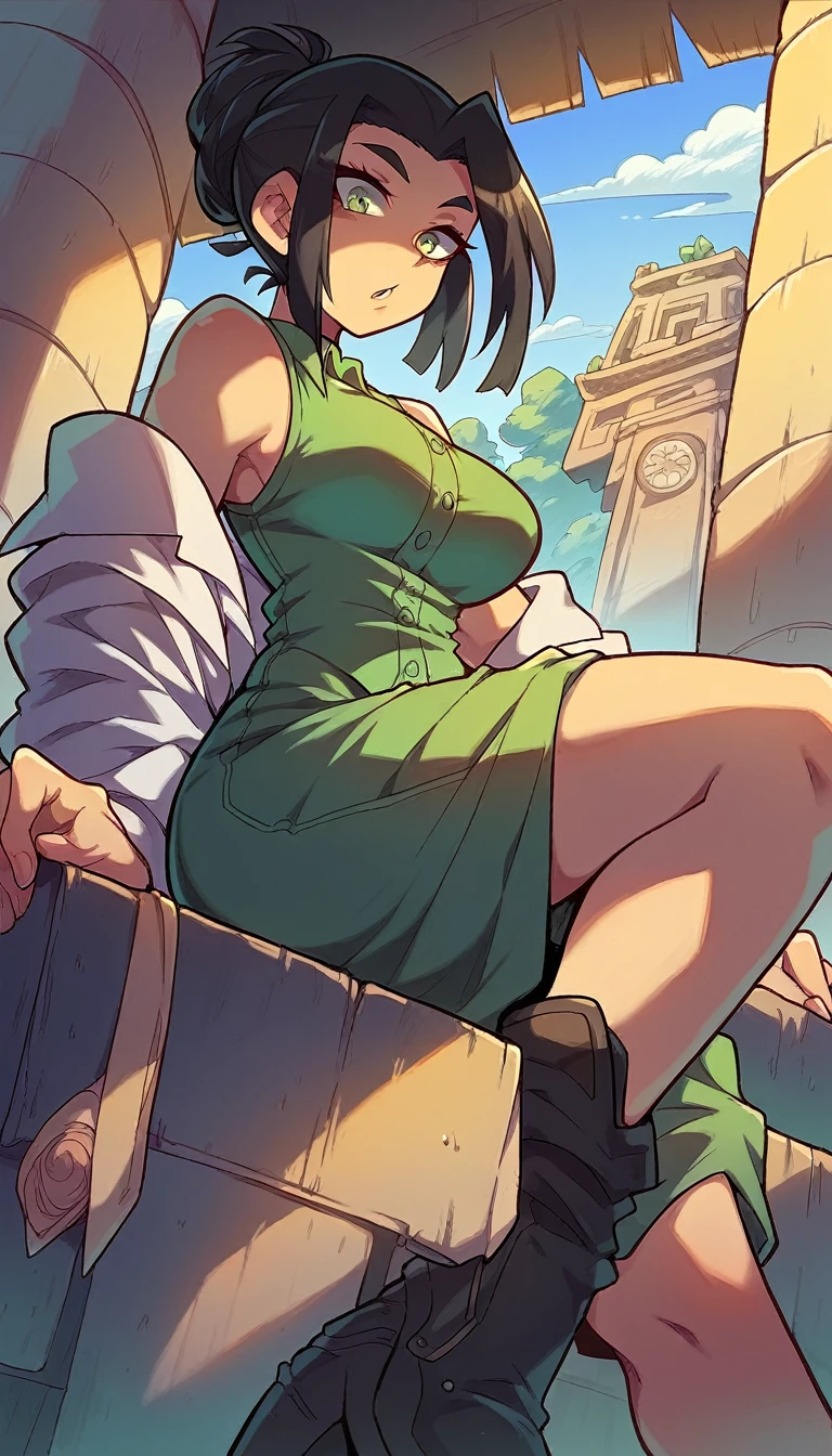 a tall woman temple teacher I learned wind air blower leaf long black hair her green eye wears a green sleeveless shirt with a button and a long green maxiskirt with a black heel