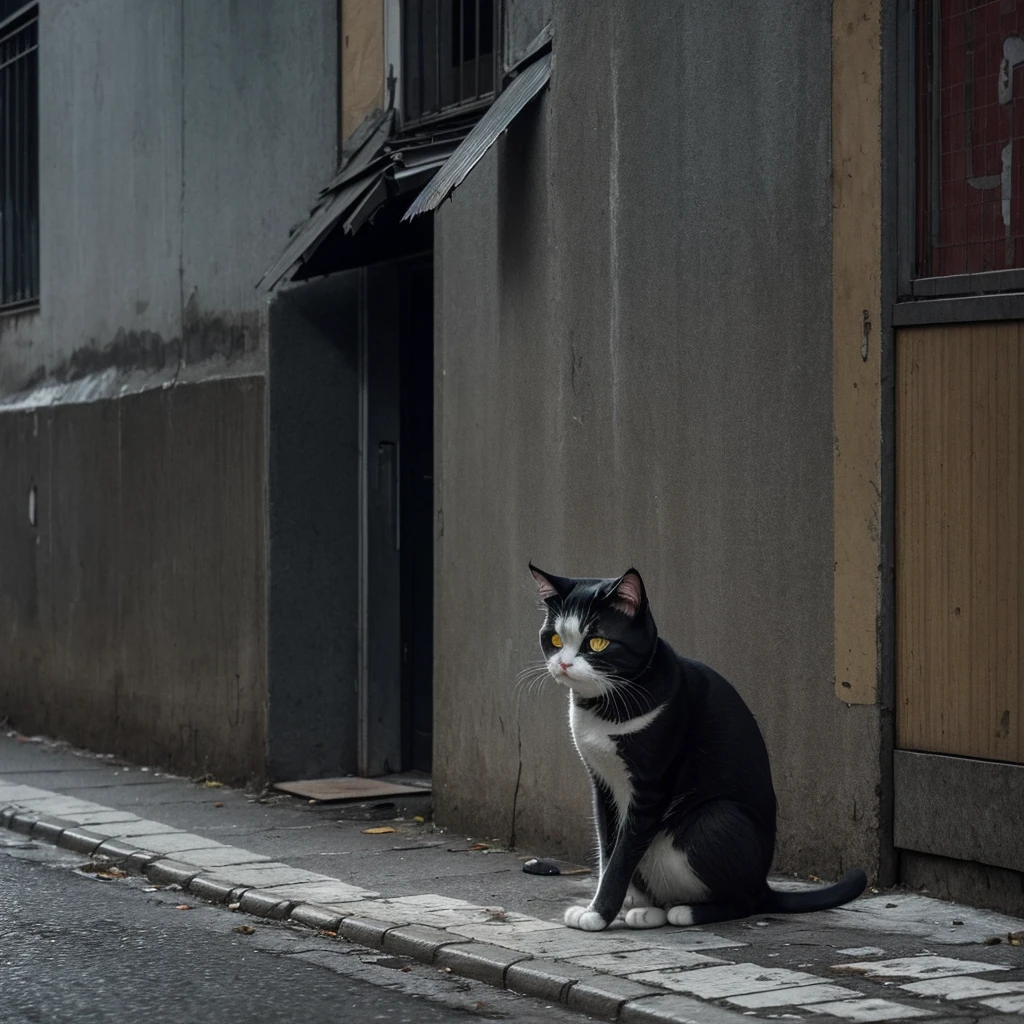 a small sad and depressive cat, crying with tears in its eyes, in the middle of the street in a state of abandonment, a sad and depressive look without hope, an image showing loneliness and helplessness, and very moving