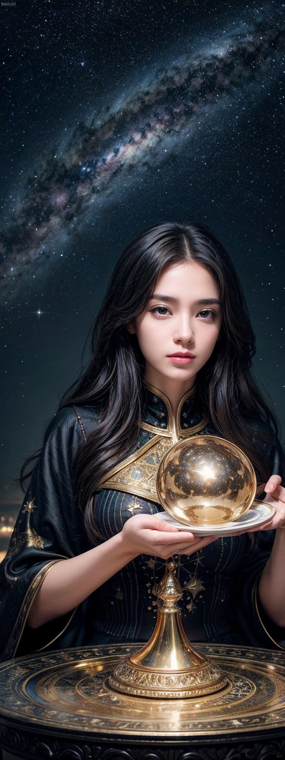 artwork, Surrealism, Very detailed, Intricate details, painting, best quality, universe, Starry Sky, A woman holding a double plate scale, Pound sign concept, Golden Ratio, beautiful, universe concept, 8K, light, Starry Sky background, Vibrant colors, Ultra HD, author:Greg Rutkowski
