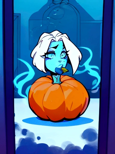 one with a pumpkin head, girl with big , with smoke hissing from the pumpkin's mouth, the whole background full of blue smoke, a blue light coming from inside the pumpkin.