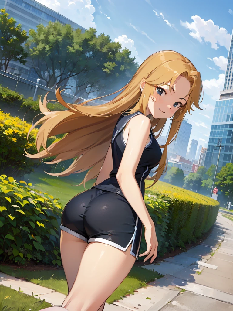 ((masterpiece) (((((Highest quality))))((high resolution))))), Very detailed, Ultra-realistic, 、Blonde)、、、City、building、、(、Embarrassed face、、Ass shorts、Face looking back、From below、Low - Angle、Track and field uniform、garden、Sleeveless