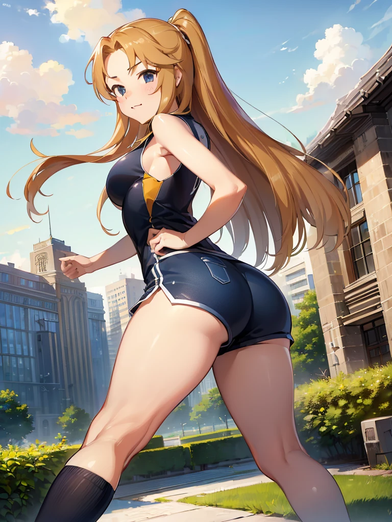 ((masterpiece) (((((Highest quality))))((high resolution))))), Very detailed, Ultra-realistic, 、Blonde)、、、City、building、、(、Embarrassed face、、Ass shorts、Face looking back、From below、Low - Angle、Track and field uniform、garden、Sleeveless