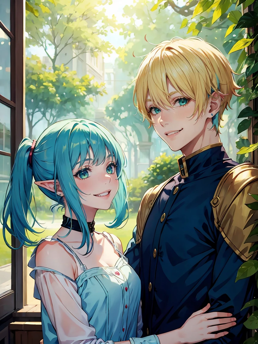 girl with blue hair playing with a blond haired green eyed elf boy, close friends, smiling, laughing, younger