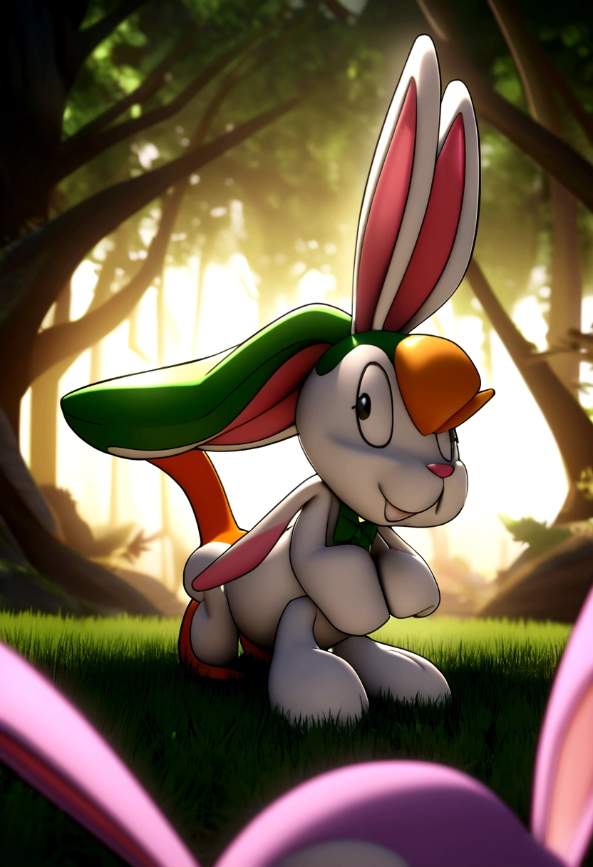 generate me a playful rabbit with 3d gloves in a dark forest bugs bunny style , and next to it a homiga