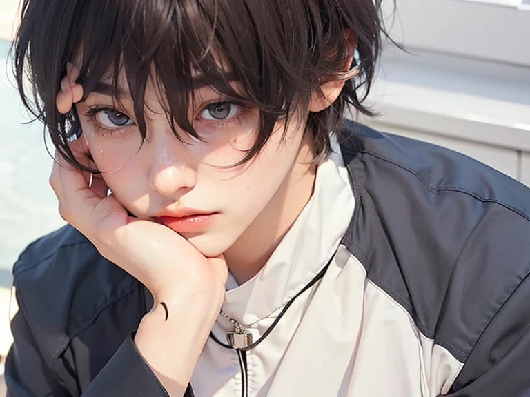 ((masters))、((top-quality))、ultra-detailed CG unity 8k Wallpaper、Incredibly delicate and handsome illustrations、floating、hight resolution、((1boy in))、brown-eyed, brown haired, pink lips, photo realistic, boy, low cut hair, crying face