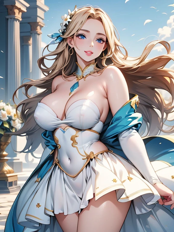 (Highest quality,Super detailed,High resolution,masterpiece,8K),Bright and vibrant colors,Official artwork,Greek white costume,Stylish makeup,Mid-length, shiny blonde hair fluttering in the wind,Captivating eyes,Beautiful Blue Eyes、Glossy Lips,Beautiful woman with ample breasts,Beautiful neck line, Holding,Captivating smile,whole body,,Old Temple,flower,Detailed CG,