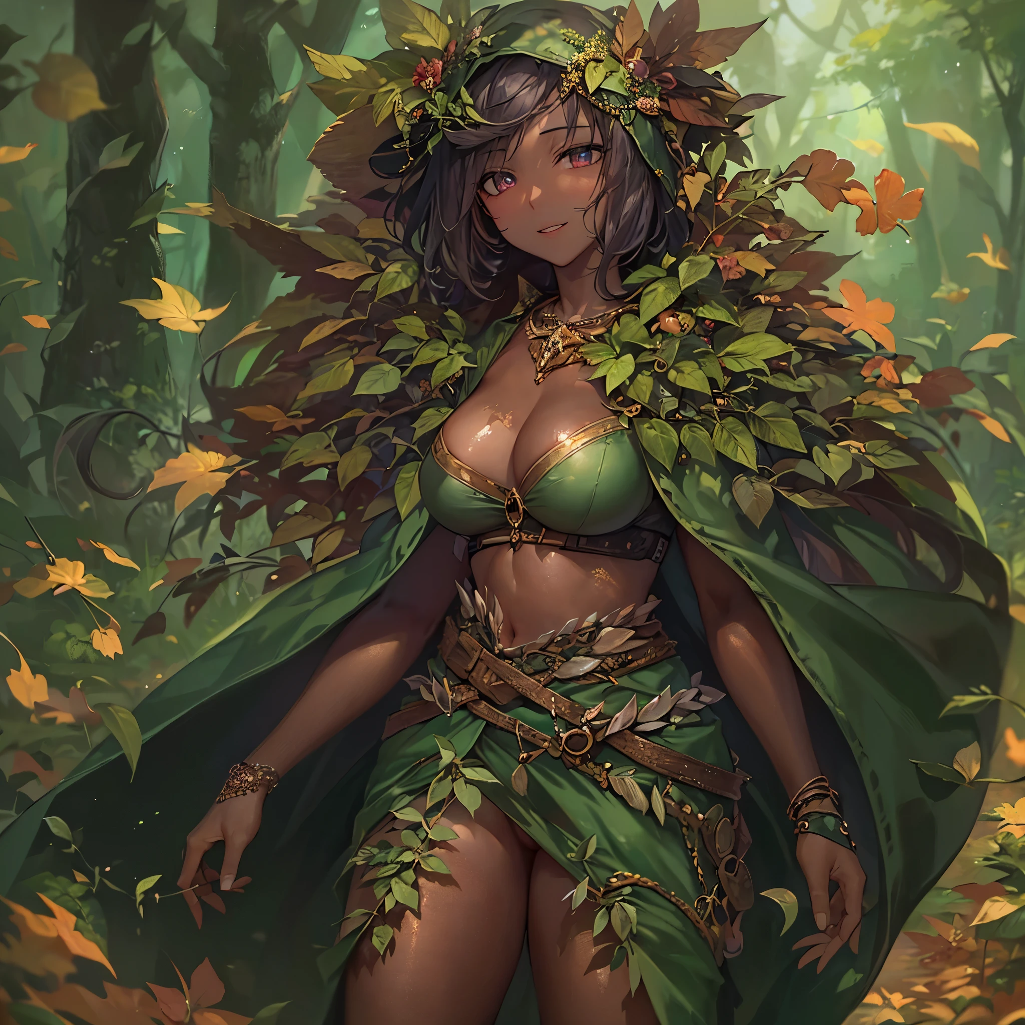 fantasy, 1forest_elemental_girl, (dark_skin)0.9, (using_leaves_clothes, green_leaves_covered_breasts, leaves_covered_pussy),large_breasts, walking, (smile, sleepy)+, medium_hair, navel, oil, (winding_vine_around_torso)++, forest_background, leaves_headgear, green_leaves_cape,armpits, spread_arms, large_staff, thighhighs, plump,