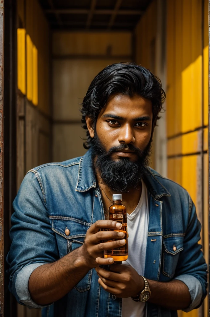 A stunning and vibrant cinematic photo of a Bangladeshi young man with worn denim clothes and a tousled beard, holding a homeopathic vial with a questioning gaze, his eyes darting between the container and the viewer, evoking a sense of uncertainty and introspection, set against a warm, golden-lit background where the words "Fact over Fiction" stand out in bold, 3D letters, with subtle cracks and faded edges, adding a layer of gritty realism, in a warm color palette of burnt oranges, earthy browns, and creamy whites, with a hint of grainy texture and a sense of shallow depth of field.