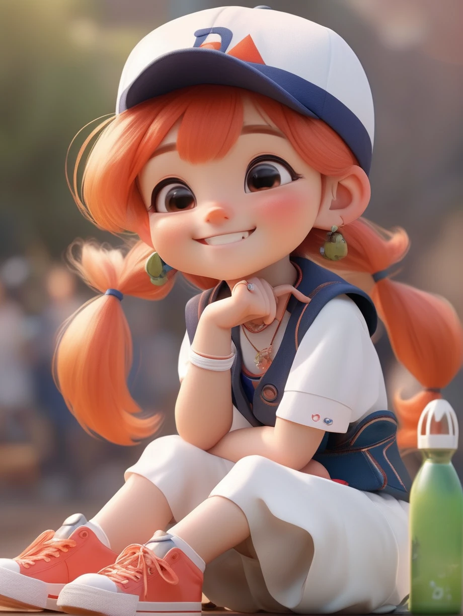 Pixar style,MG_intellectual property,1 Girl,have,Solitary,Jewelry,sit,Baseball cap,earrings,shoe,shorts,Orange Hair,Long hair,Smile,shirt,运动shoe,白色shoe,Red Cliff,blush,sock,white shirt,bottle,Looking at the audience,Short sleeve,white sock,Vest,whole body,Shut up,