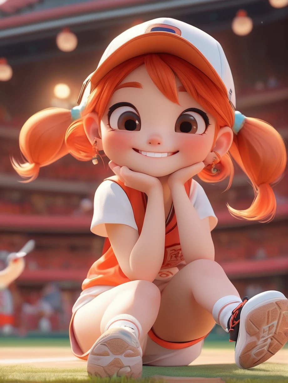 Pixar style,MG_intellectual property,1 Girl,have,Solitary,Jewelry,sit,Baseball cap,earrings,shoe,shorts,Orange Hair,Long hair,Smile,shirt,运动shoe,白色shoe,Red Cliff,blush,sock,white shirt,bottle,Looking at the audience,Short sleeve,white sock,Vest,whole body,Shut up,