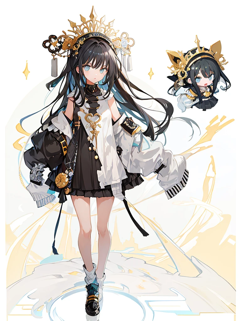 A girl,(Standing picture),(whole body),Character Design,Long hair,Fashion Design,Complex headdress,Complex clothes,cute,Everyday wear,Black hair