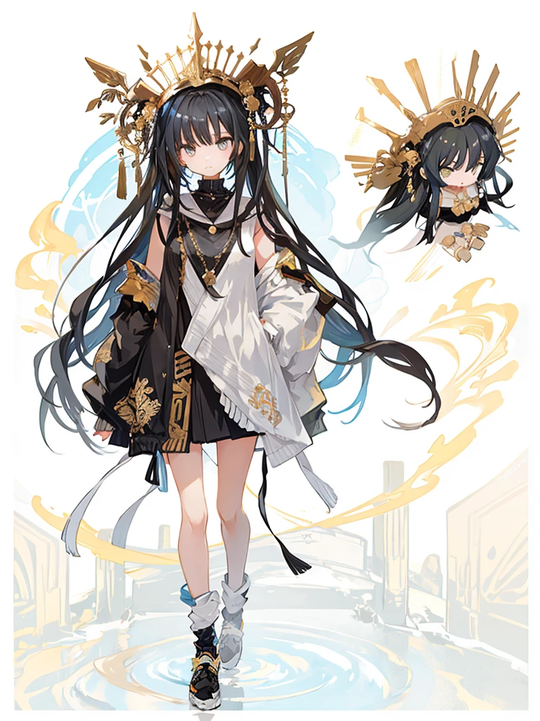 A girl,(Standing picture),(whole body),Character Design,Long hair,Fashion Design,Complex headdress,Complex clothes,cute,Everyday wear,Black hair