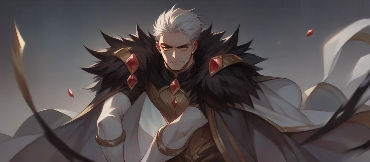The image shows a character with white hair, dressed in a black and gold outfit, with a gem on top.