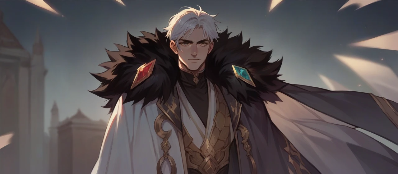 The image shows a character with white hair, dressed in a black and gold outfit, with a gem on top.