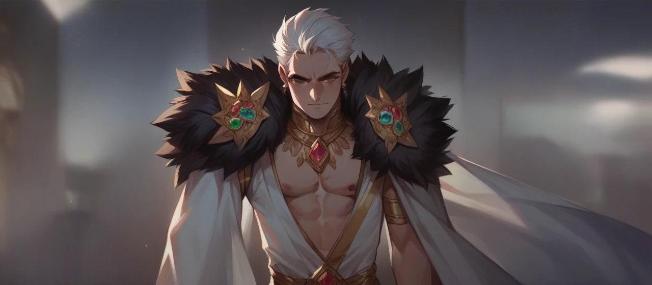 The image shows a character with white hair, dressed in a black and gold outfit, with a gem on top.