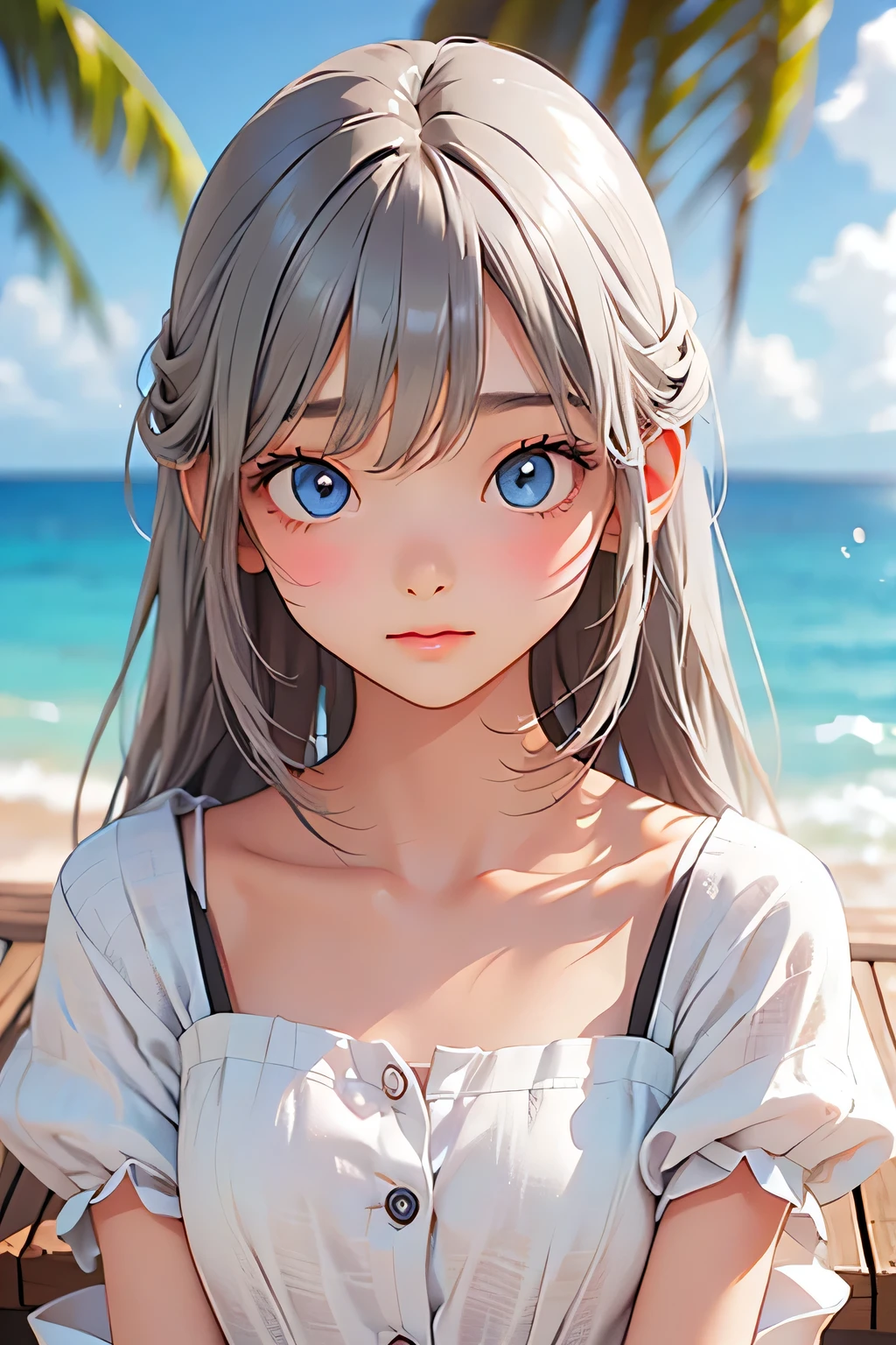 highest quality、Realistic、girl、Silver Hair、Light blue eyes、Long Hair、White dress、Tanned dark skin、Tan Skin、Brown black skin、Chubby、Ocean、Bust Shot