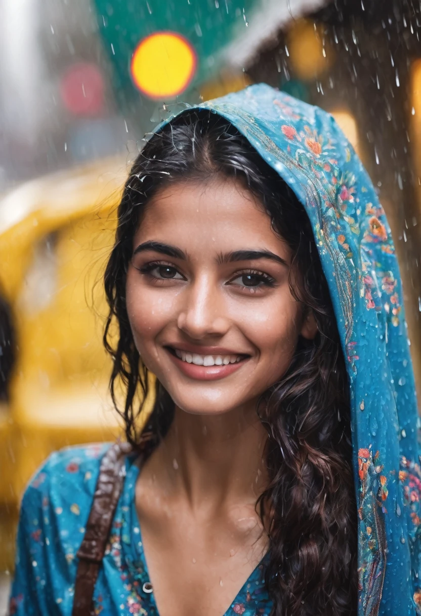 brunette with indian features happy in the rain