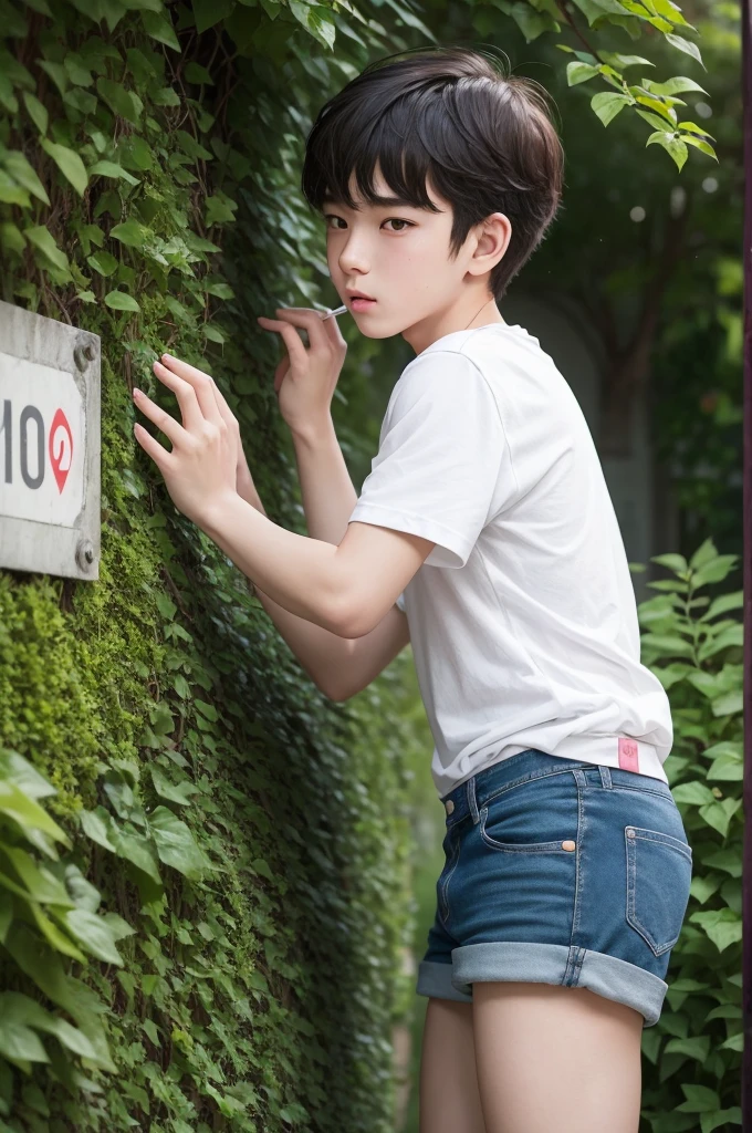 dva, boy,18years, kissing, Garden, Max quality, anime styling,plain shirt, shorts and a relief,