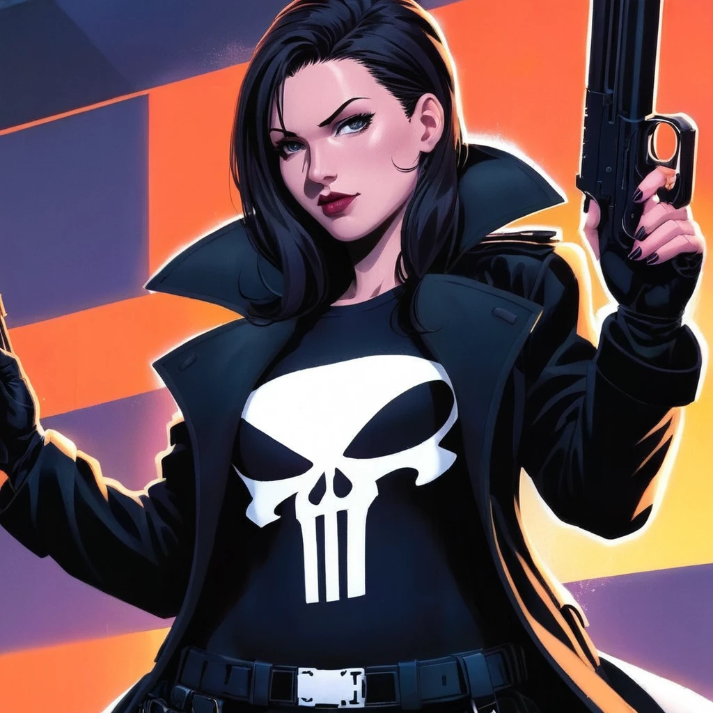 anime artwork of  a punisher woman in a black punisher coat holding a gun anime manga girl style, anime style, key visual, vibrant, studio anime,  highly detailed