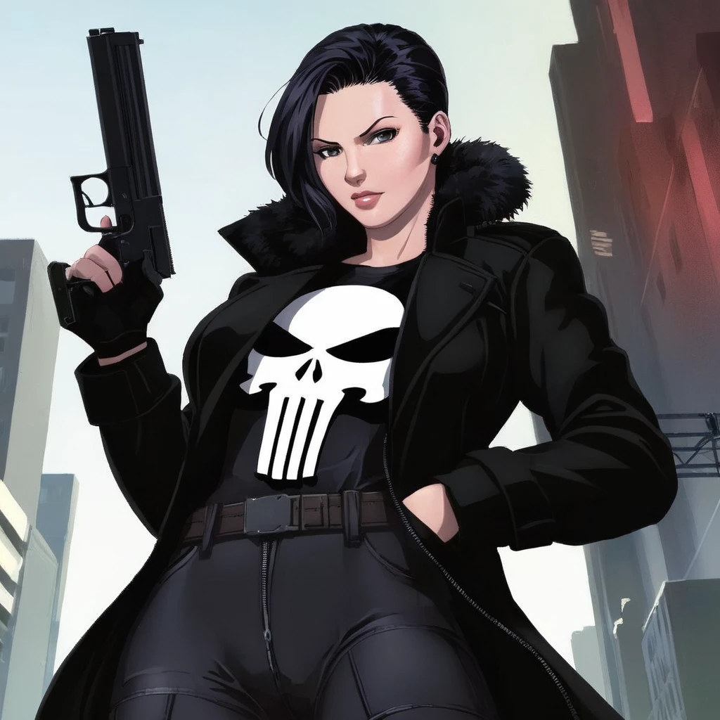 anime artwork of  a punisher woman in a black punisher coat holding a gun anime manga girl style, anime style, key visual, vibrant, studio anime,  highly detailed