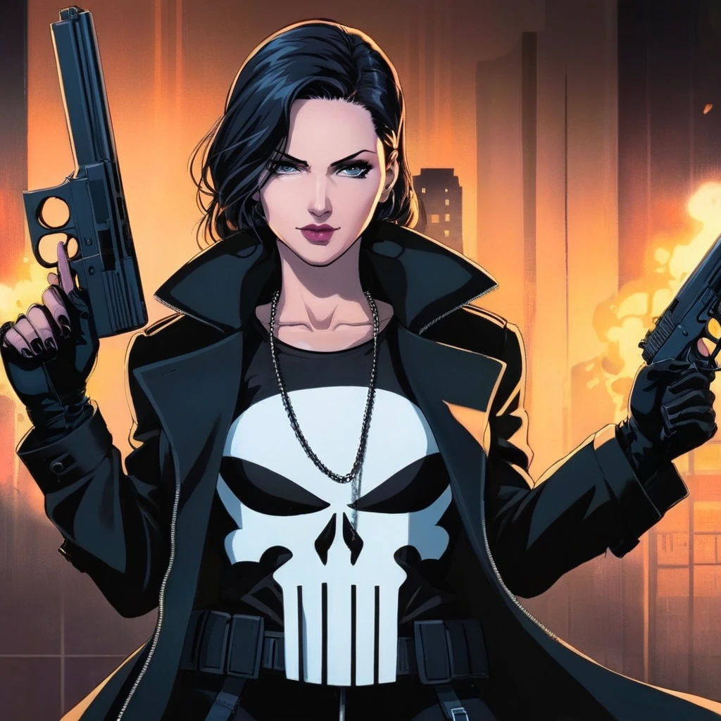 anime artwork of  a punisher woman in a black punisher coat holding a gun anime manga girl style, anime style, key visual, vibrant, studio anime,  highly detailed