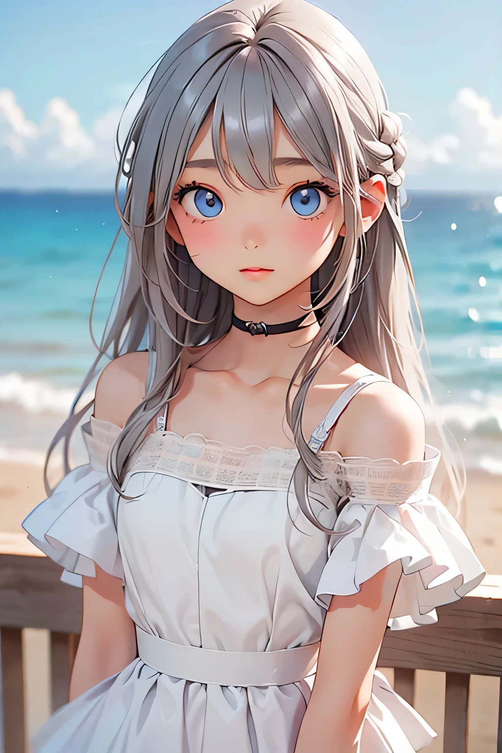 highest quality、Realistic、girl、Silver Hair、Light blue eyes、Long Hair、Light blue dress、Tanned black body、A well-trained body、Tan Skin、Brown black skin、slender、Ocean、Bust Shot