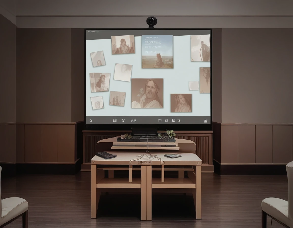 there is a The Big Picture in the middle of a room with chairs, masterpiece work of art, Projection Design Installation, gallery setting, large format image, Wall Digital Screen, masterpiece, Big video wall, movie, The Big Picture, Hyperrealism 8K, Hyperrealism 8 K, photo of the cinema screen, Widescreen Format, video art, Indoor Settings, flower, altar