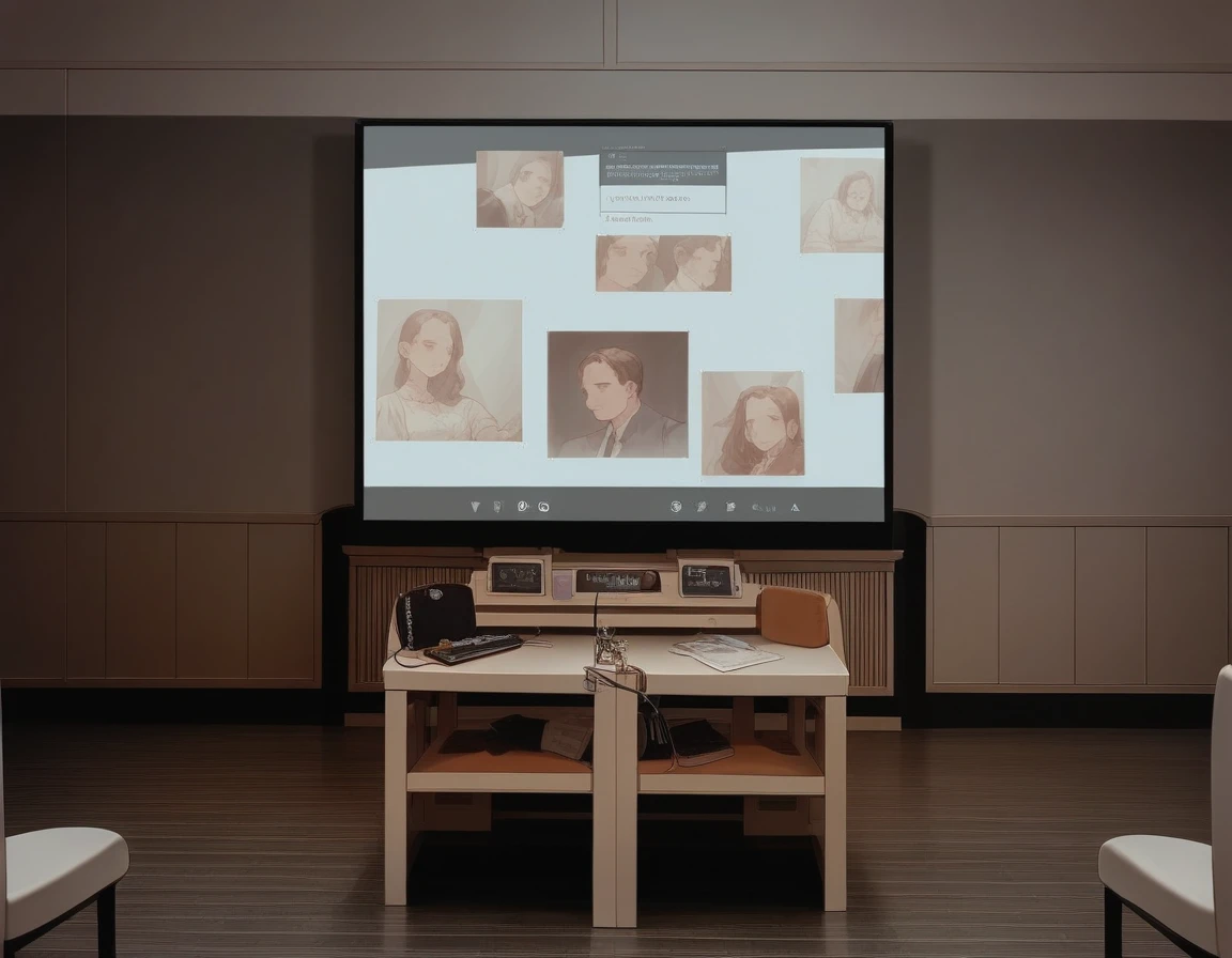 there is a The Big Picture in the middle of a room with chairs, masterpiece work of art, Projection Design Installation, gallery setting, large format image, Wall Digital Screen, masterpiece, Big video wall, movie, The Big Picture, Hyperrealism 8K, Hyperrealism 8 K, photo of the cinema screen, Widescreen Format, video art, Indoor Settings, flower, altar